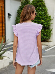 Plaid Ruffled Round Neck Cap Sleeve T-Shirt - Trendsi