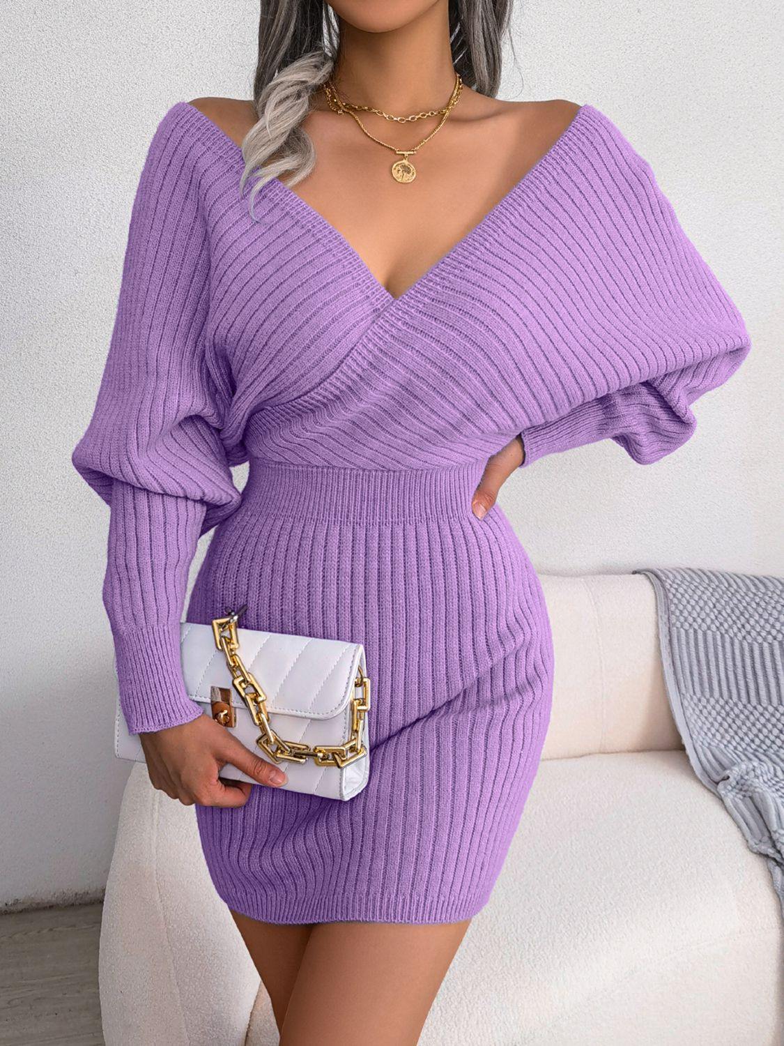 Rib-Knit Dolman Sleeve Sweater Dress - Trendsi
