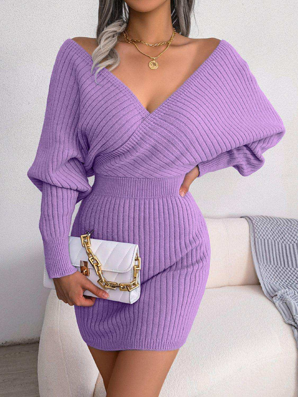 Rib-Knit Dolman Sleeve Sweater Dress - Trendsi - Flyclothing LLC