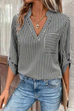 Striped Notched Roll-Tab Sleeve Shirt - Trendsi - Flyclothing LLC