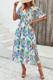 Smocked Printed V-Neck Short Sleeve Dress - Trendsi - Flyclothing LLC
