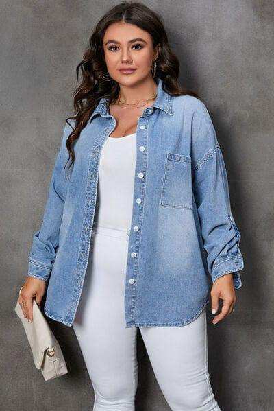 Plus Size Button Up Pocketed Denim Top - Trendsi - Flyclothing LLC