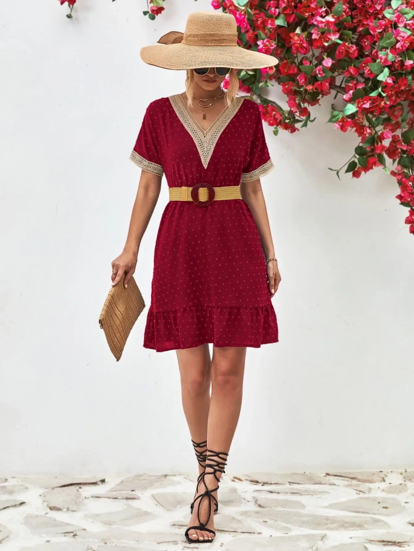 Contrast V-Neck Short Sleeve Mini Dress - Trendsi - Flyclothing LLC