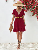 Contrast V-Neck Short Sleeve Mini Dress - Trendsi - Flyclothing LLC