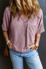 Textured V-Neck Dropped Shoulder T-Shirt - Trendsi - Flyclothing LLC