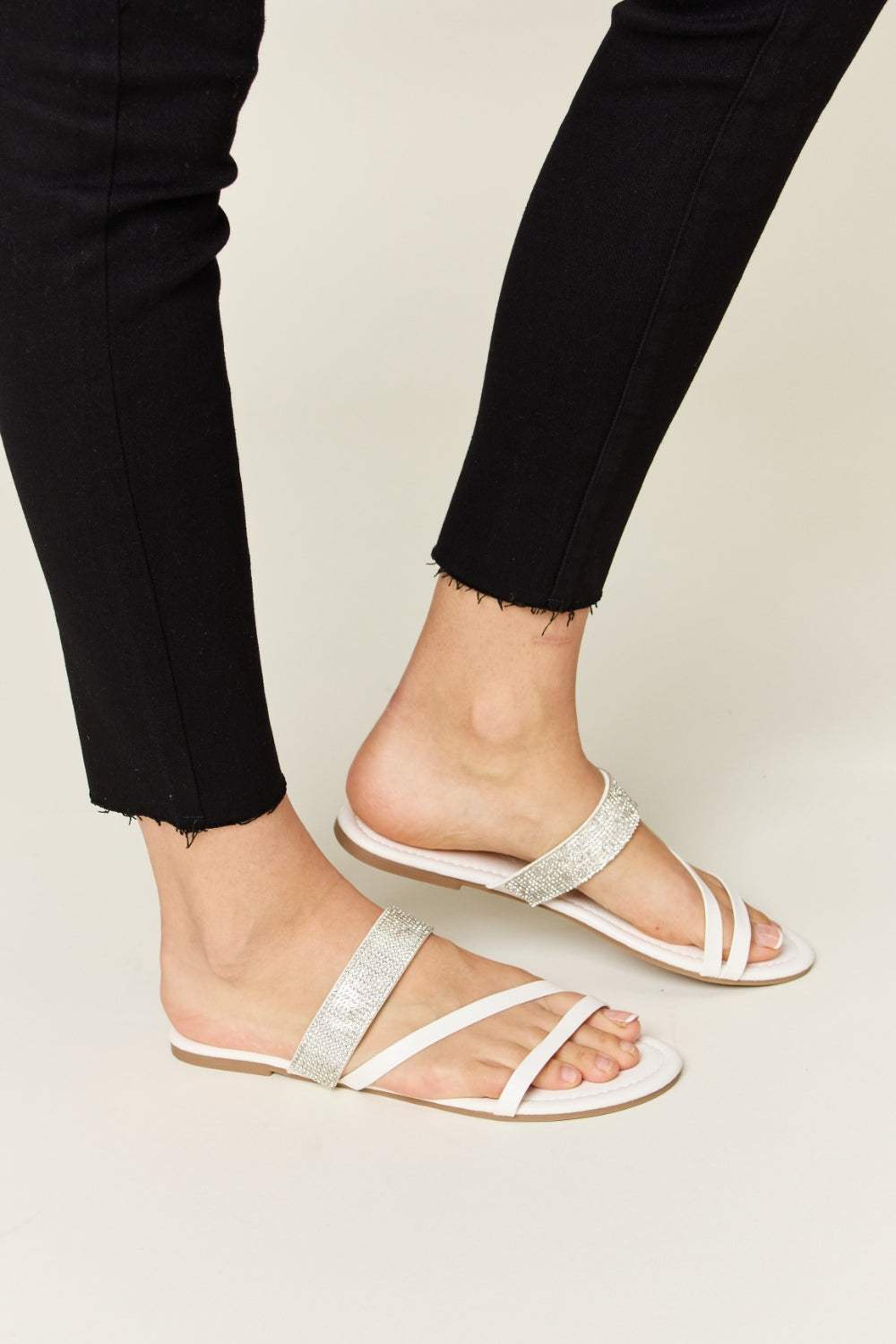 WILD DIVA Rhinestone Strappy Flat Sandals - Trendsi - Flyclothing LLC