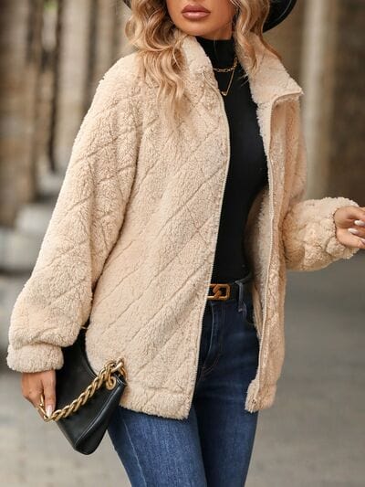Fuzzy Pocketed Zip Up Jacket - Trendsi
