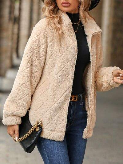 Fuzzy Pocketed Zip Up Jacket - Trendsi - Flyclothing LLC