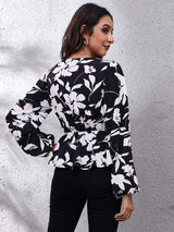Floral V-Neck Balloon Sleeve Peplum Blouse - Trendsi - Flyclothing LLC