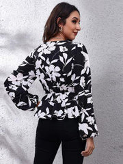 Floral V-Neck Balloon Sleeve Peplum Blouse - Trendsi
