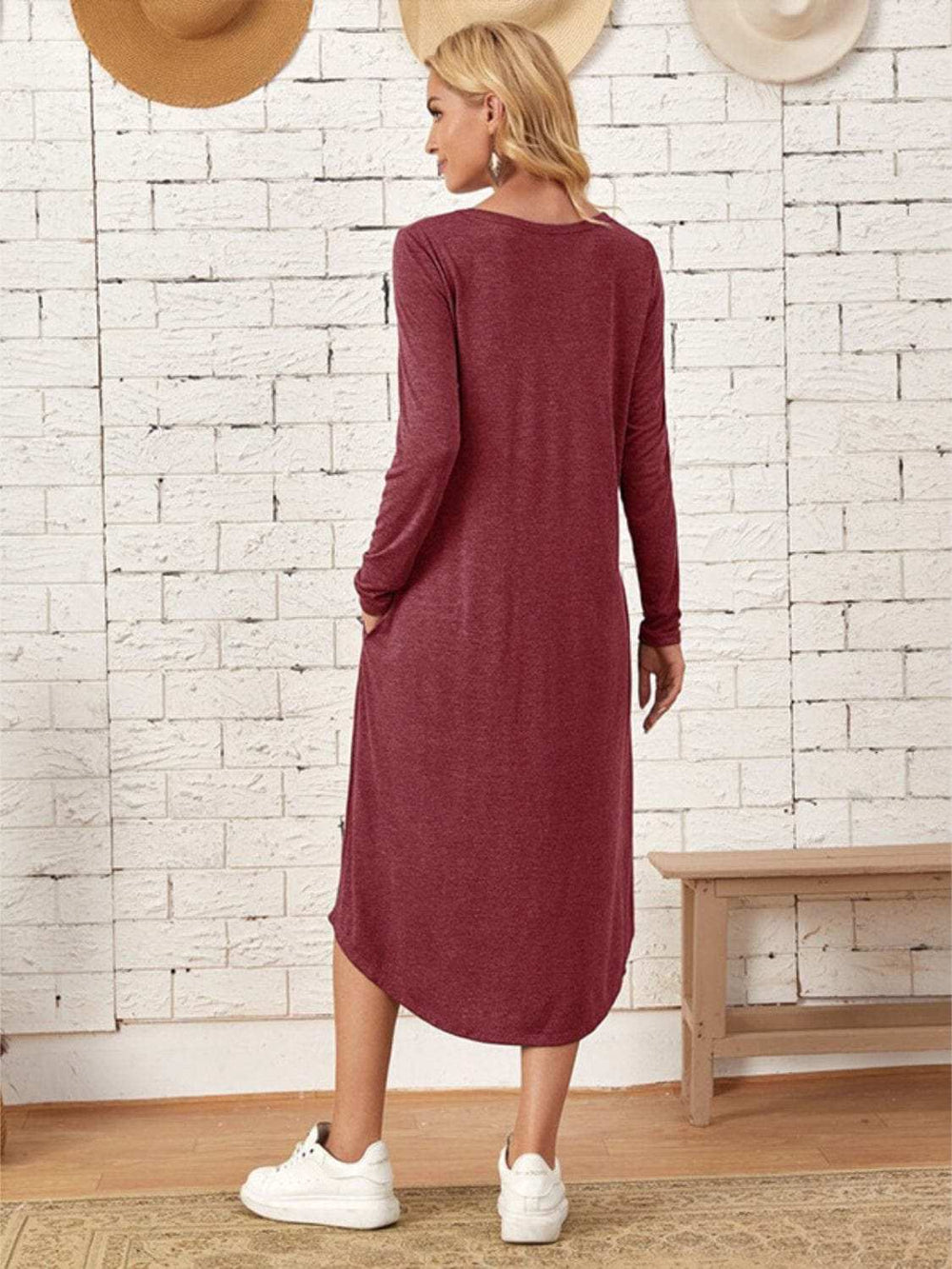 Pocketed Round Neck Long Sleeve Tee Dress - Trendsi - Flyclothing LLC