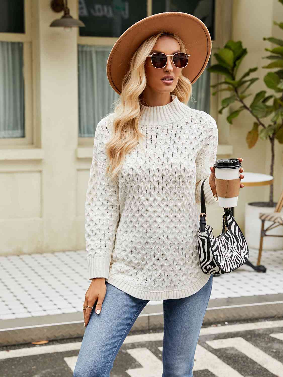 Mock Neck Slit Sweater - Trendsi - Flyclothing LLC
