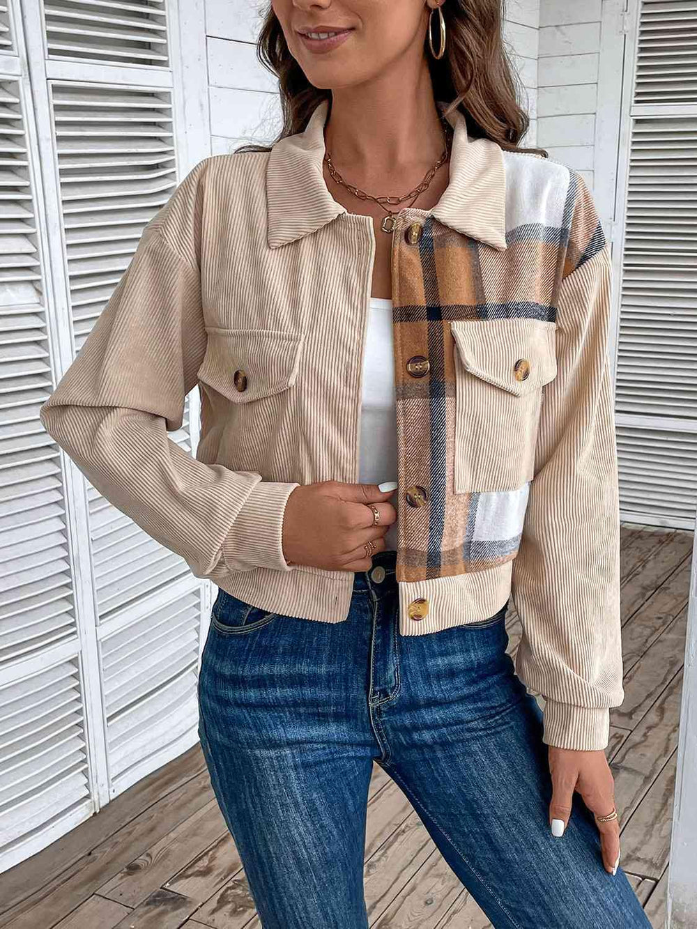 Color Block Collared Neck Button-Up Jacket - Trendsi