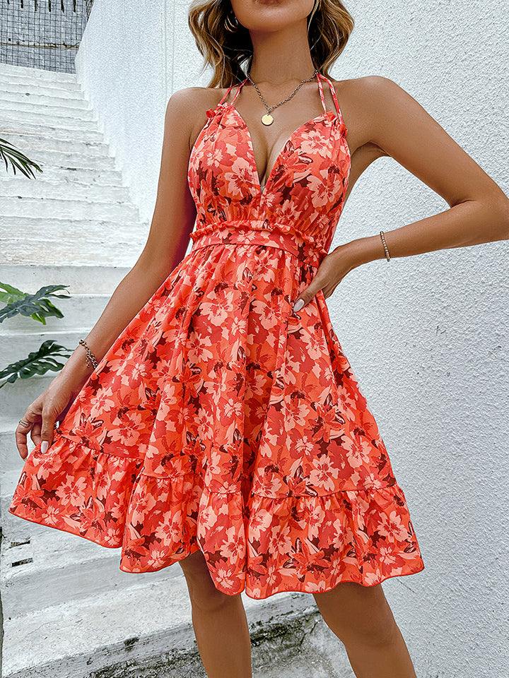Floral Halter Neck Backless Dress - Trendsi