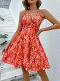 Floral Halter Neck Backless Dress - Trendsi