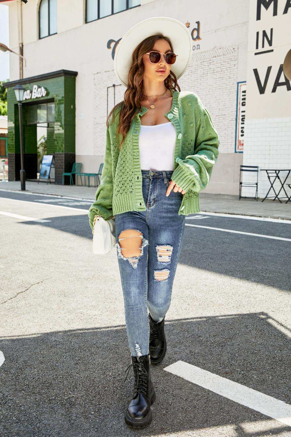 Openwork Pompom Puff Sleeve Cardigan - Trendsi - Flyclothing LLC