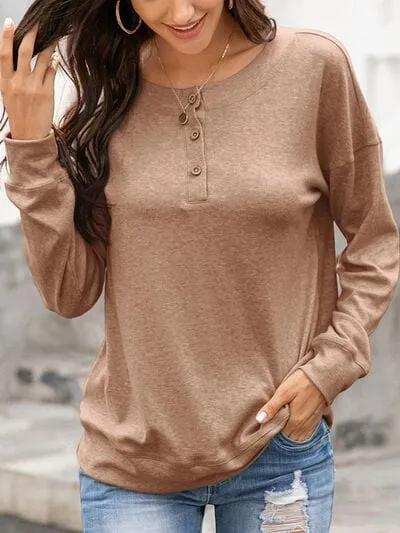 Quarter Button Dropped Shoulder Blouse - Trendsi - Flyclothing LLC