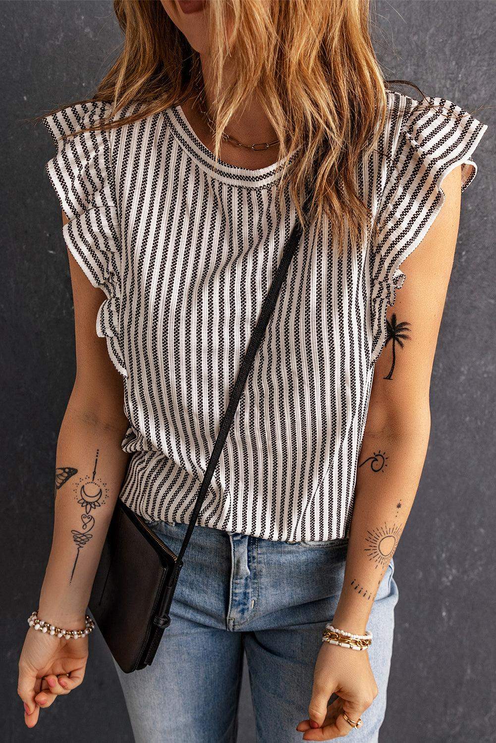Striped Flutter Sleeve Tank - Trendsi - Flyclothing LLC