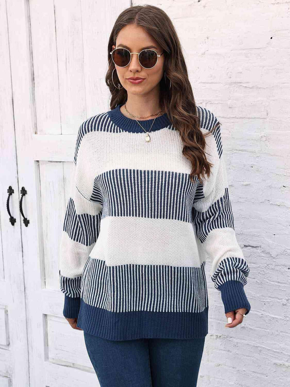 Full Size Round Neck Drop Shoulder Sweater - Trendsi