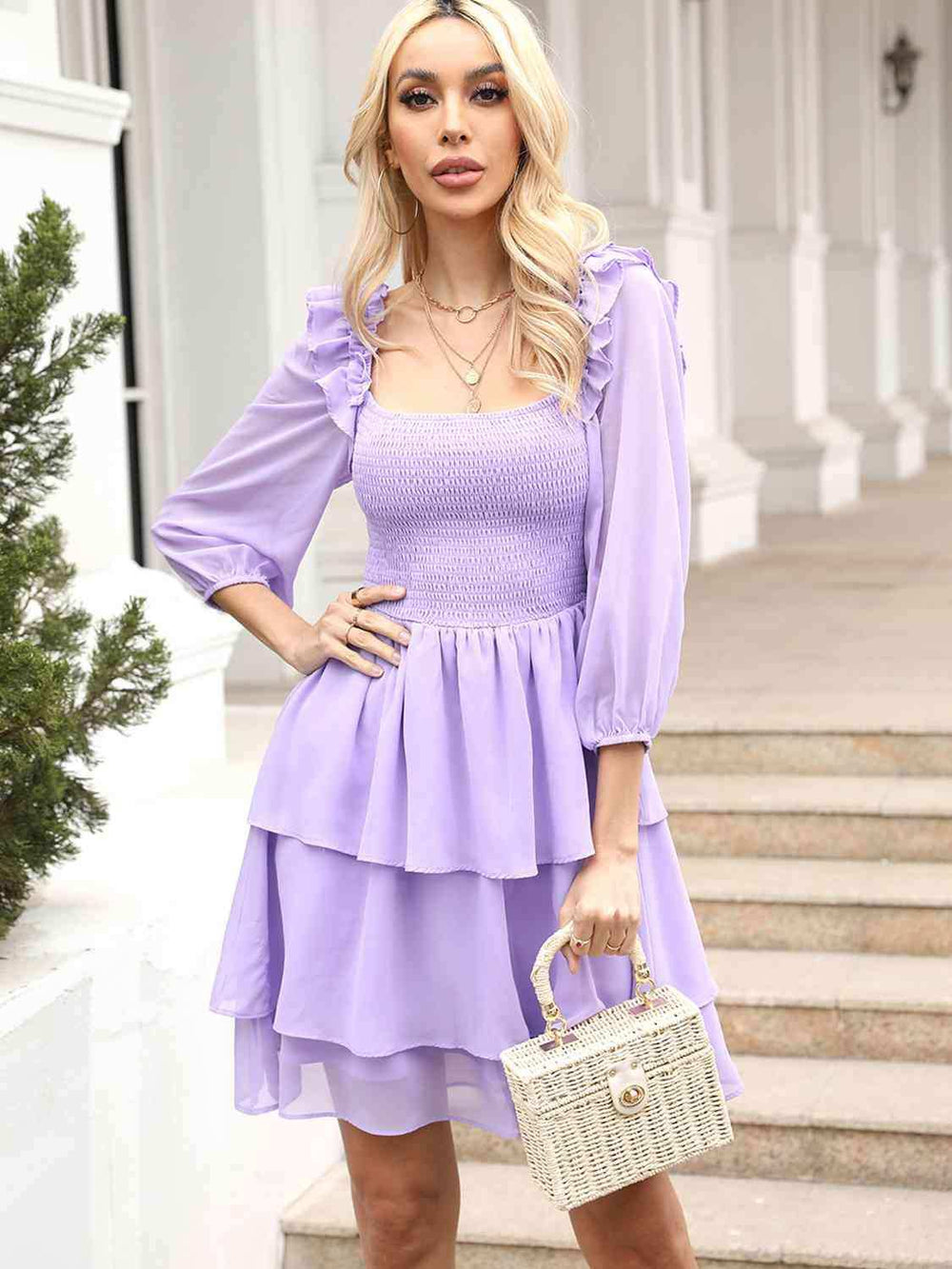 Smocked Square Neck Layered Dress - Trendsi - Flyclothing LLC