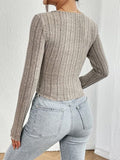 Ribbed Decorative Button Long Sleeve T-Shirt - Trendsi