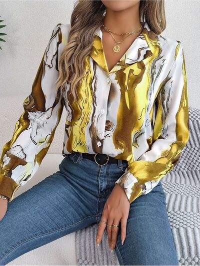 Printed Button Up Long Sleeve Shirt - Trendsi - Flyclothing LLC
