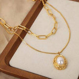 Inlaid Pearl Double-Layered Titanium Steel Necklace - Trendsi - Flyclothing LLC