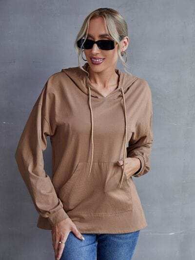 Drawstring Pocketed Dropped Shoulder Hoodie - Trendsi - Flyclothing LLC