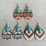 Turquoise Teardrop Shape Wooden Dangle Earrings - Flyclothing LLC