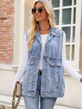 Button Up Collared Neck Denim Jacket with Pockets - Trendsi