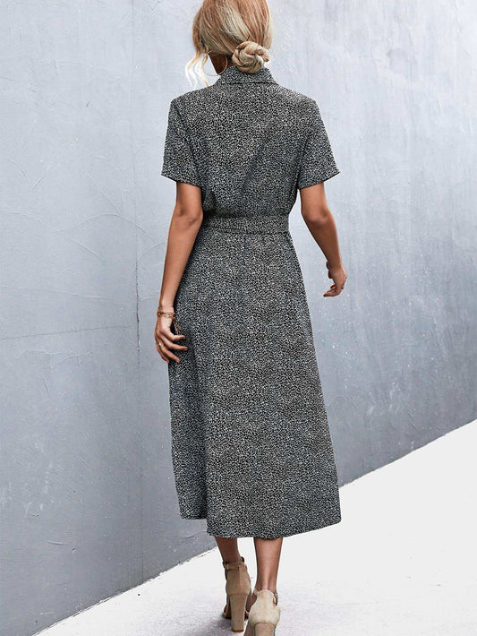 Printed Tie Waist Short Sleeve Shirt Dress - Trendsi - Flyclothing LLC