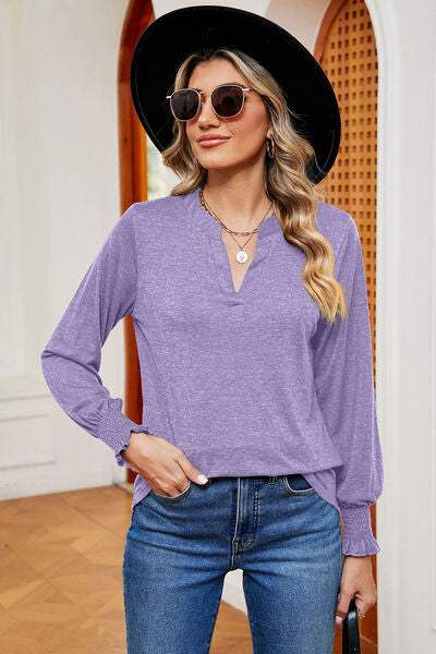 Notched Lantern Sleeve T-Shirt - Trendsi - Flyclothing LLC
