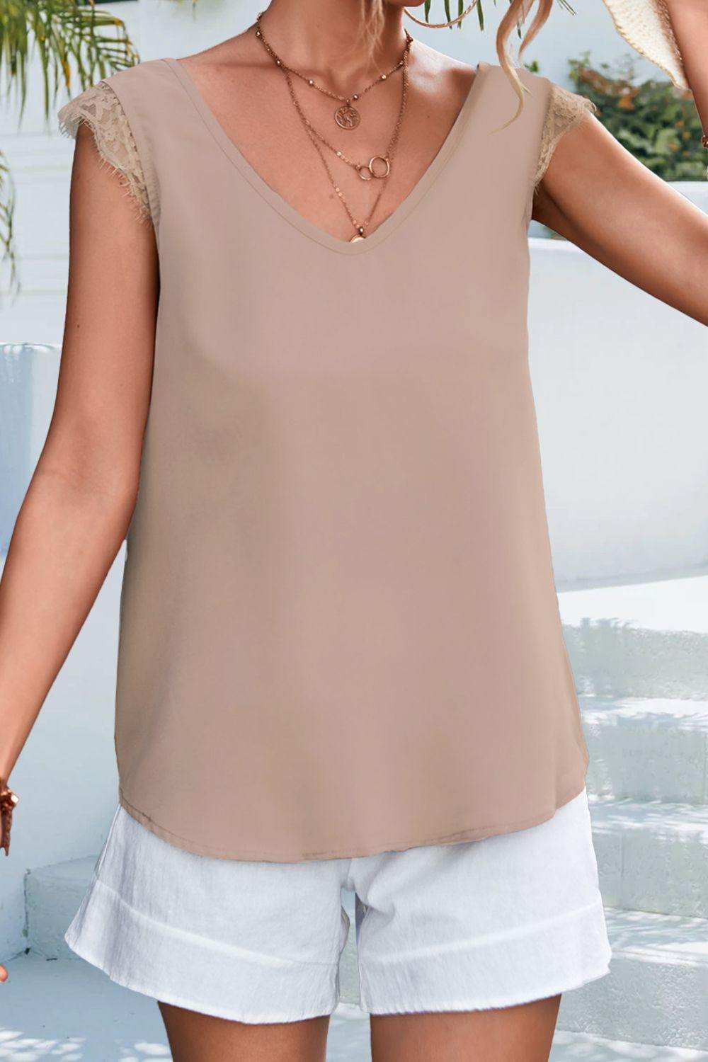 Lace Detail Eyelash Trim V-Neck Tank - Trendsi - Flyclothing LLC