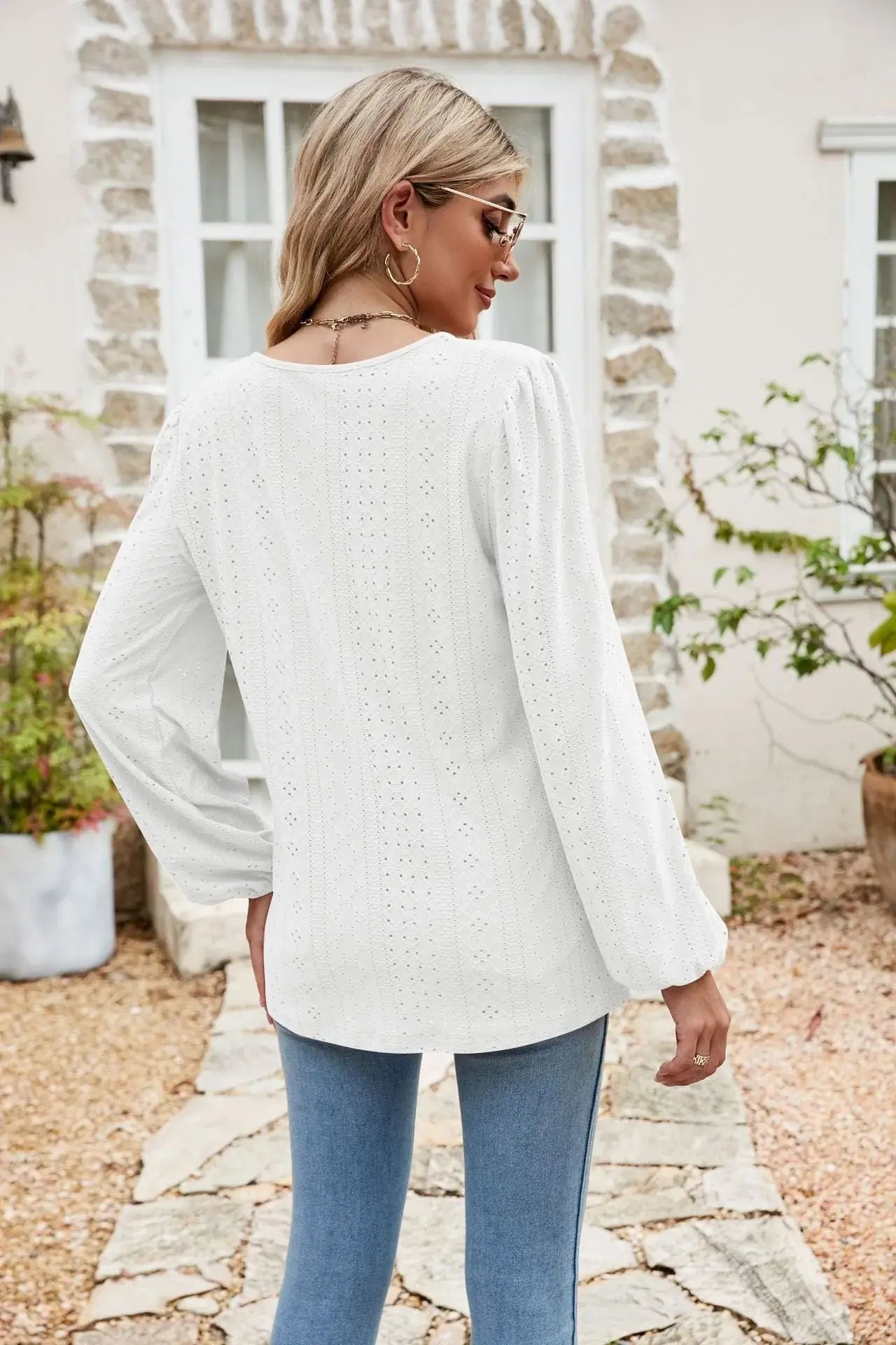 Eyelet Notched Neck Balloon Sleeve Blouse - Trendsi - Flyclothing LLC