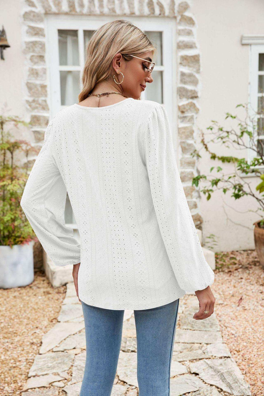 Eyelet Notched Neck Balloon Sleeve Blouse - Trendsi - Flyclothing LLC