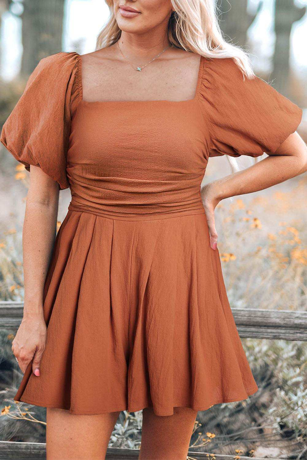 Square Neck Pleated Dress with Pockets - Trendsi - Flyclothing LLC