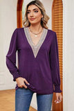 Lace Detail V-Neck Lantern Sleeve T-Shirt - Trendsi - Flyclothing LLC