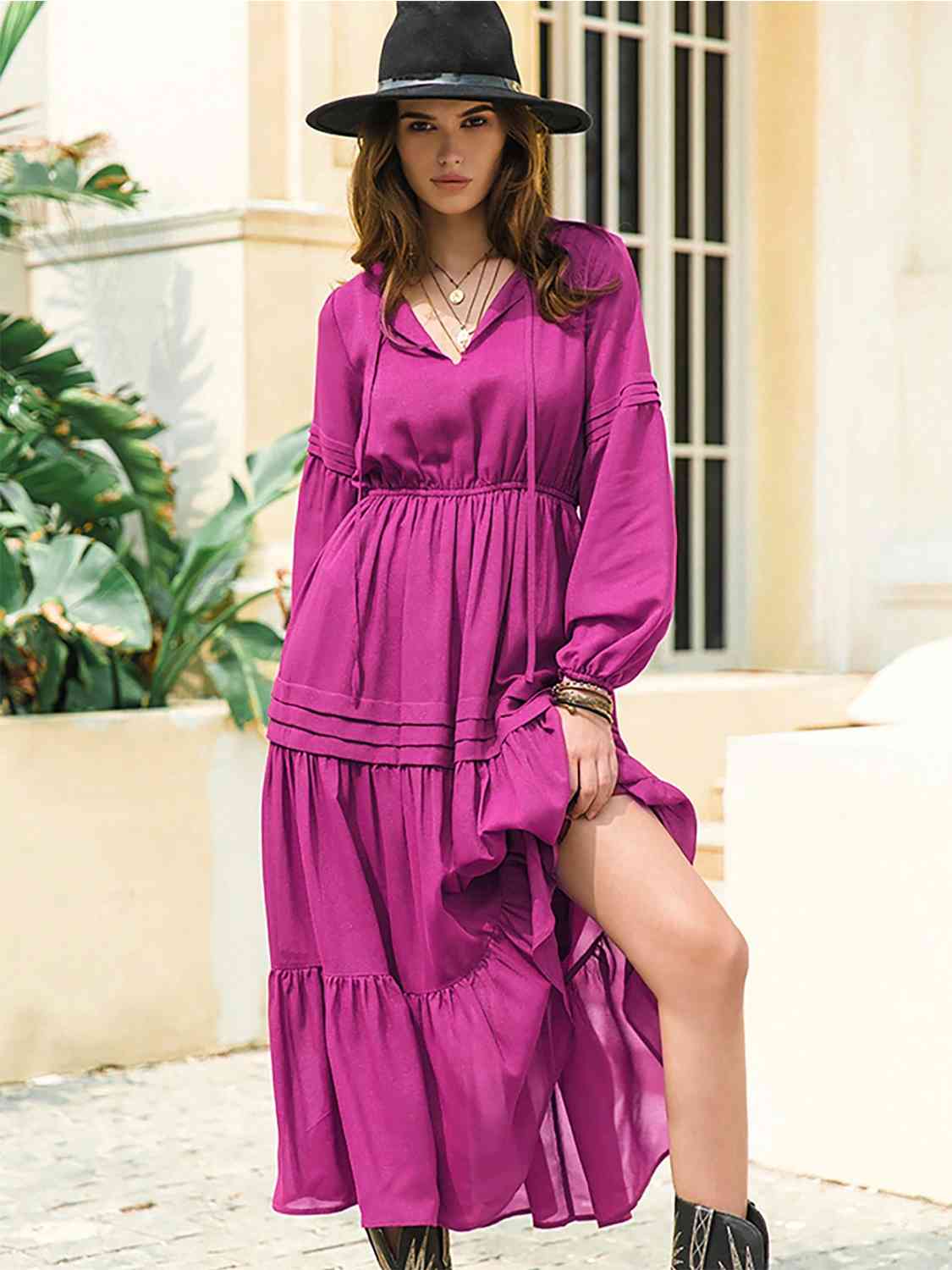 Tie Neck Long Sleeve Midi Tiered Dress - Trendsi - Flyclothing LLC