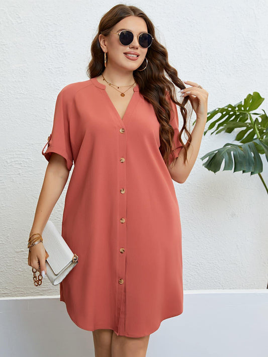 Plus Size Buttoned Notched Neck Shift Dress - Trendsi