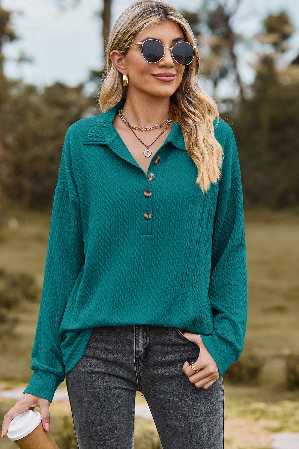 Half Button Dropped Shoulder Blouse - Trendsi - Flyclothing LLC