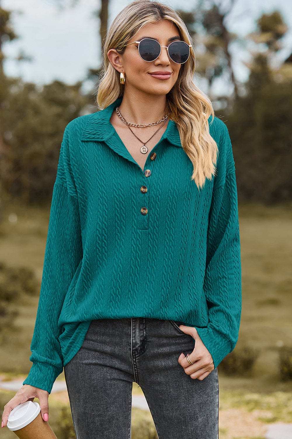 Half Button Dropped Shoulder Blouse - Trendsi - Flyclothing LLC