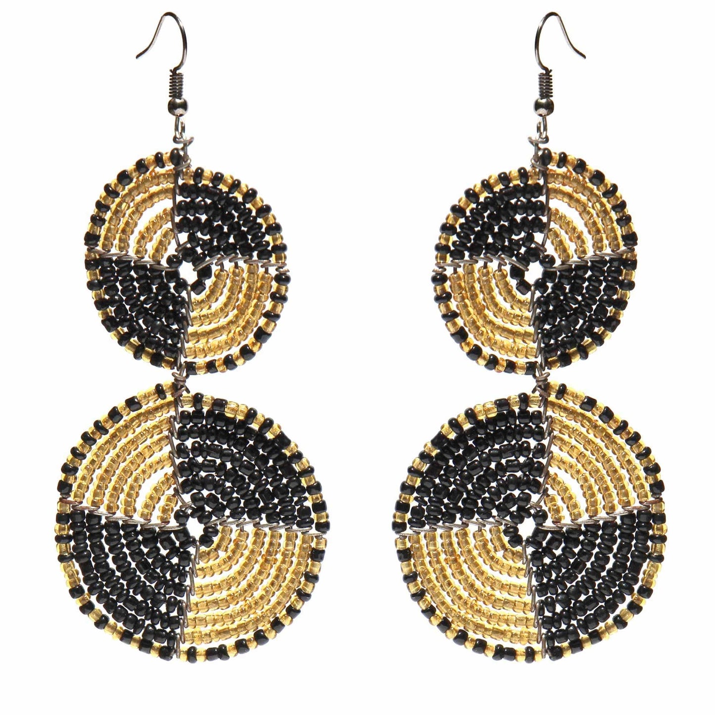Maasai Bead Double Circle Dangle Earrings, Gold and Black - Jedando - Flyclothing LLC
