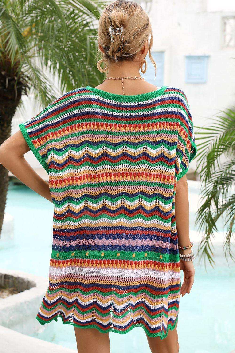 Rainbow Stripe Scalloped V-Neck Cover-Up Dress - Trendsi - Flyclothing LLC