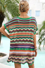Rainbow Stripe Scalloped V-Neck Cover-Up Dress - Flyclothing LLC