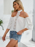 Crochet Halter Neck Cold-Shoulder Blouse - Trendsi