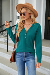 Cable-Knit Long Sleeve V-Neck T-Shirt - Trendsi