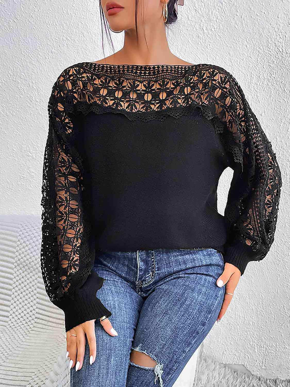 Lace Trim Boat Neck Knit Top - Trendsi - Flyclothing LLC