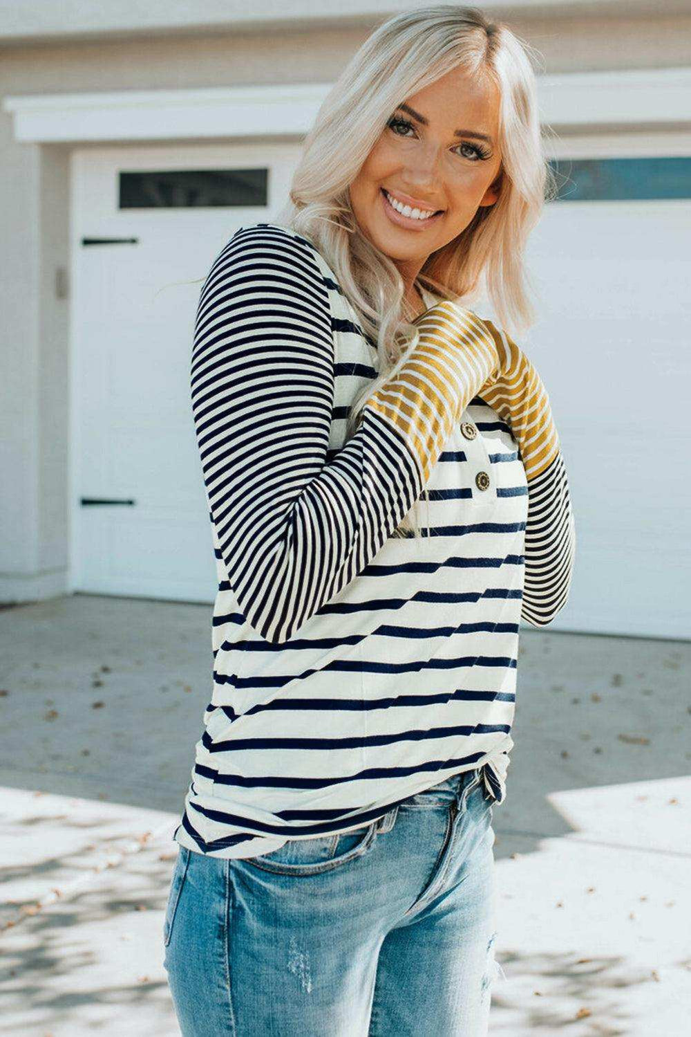 Striped Buttoned Long Sleeve Top - Trendsi - Flyclothing LLC
