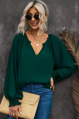 Notched Neck Lantern Sleeve Blouse - Trendsi - Flyclothing LLC