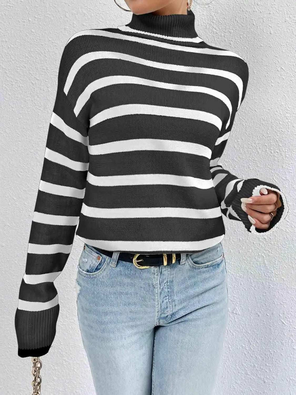 Striped Turtleneck Drop Shoulder Sweater - Trendsi - Flyclothing LLC